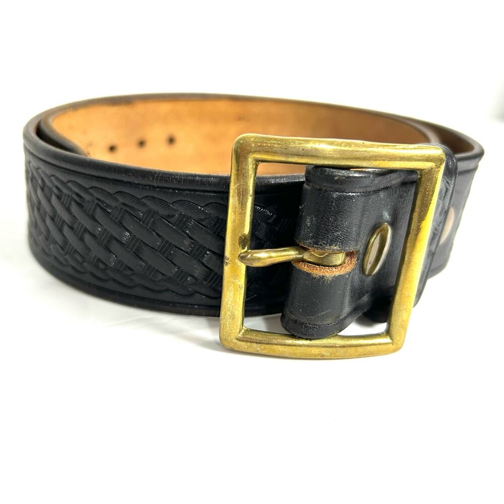 Triple K Black Basketweave Embossed Leather Brass Buckle Western Belt Size 32